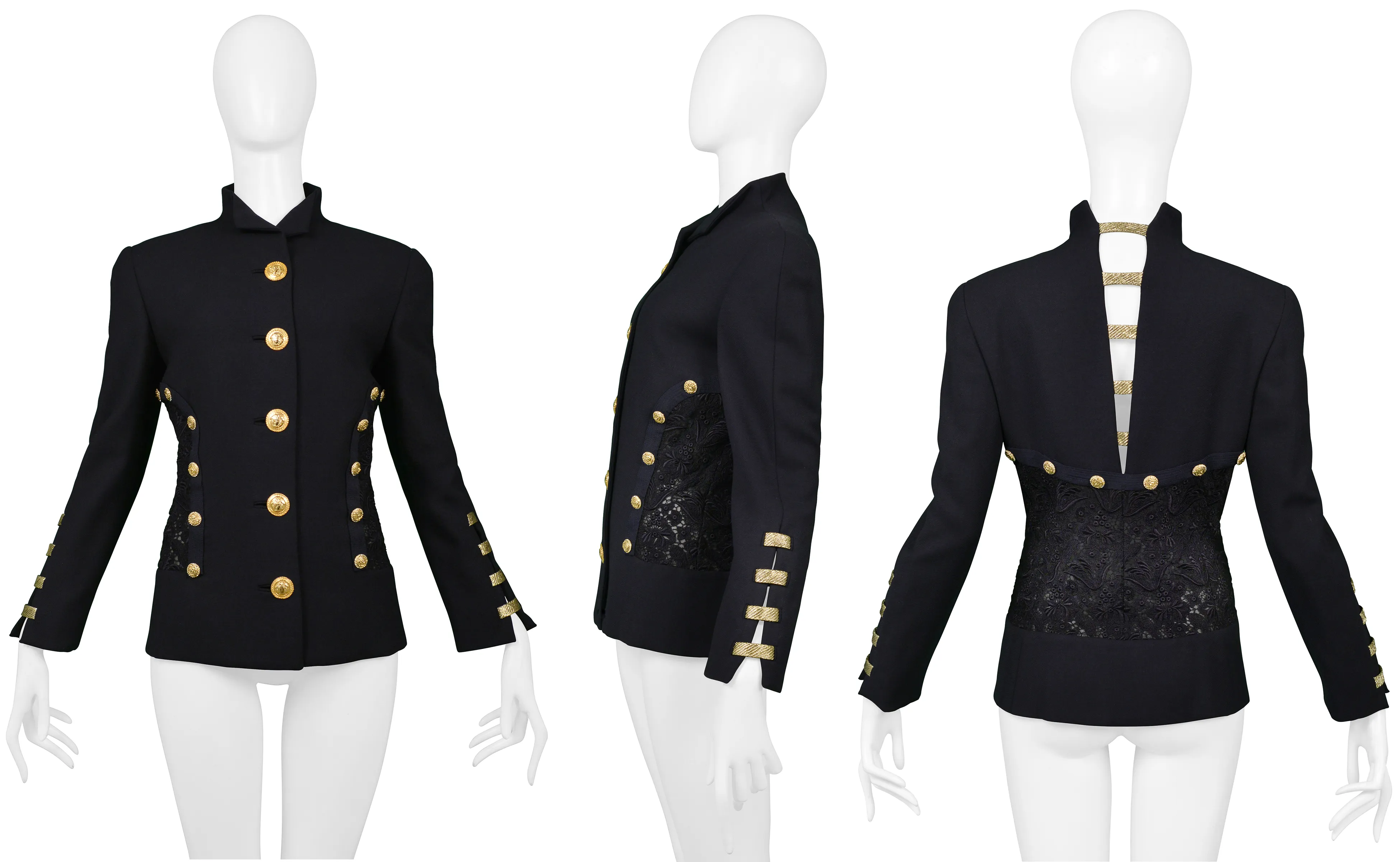 VERSACE  NAVY BLAZER JACKET WITH LACE BACK & GOLD BUTTONS SS 1992