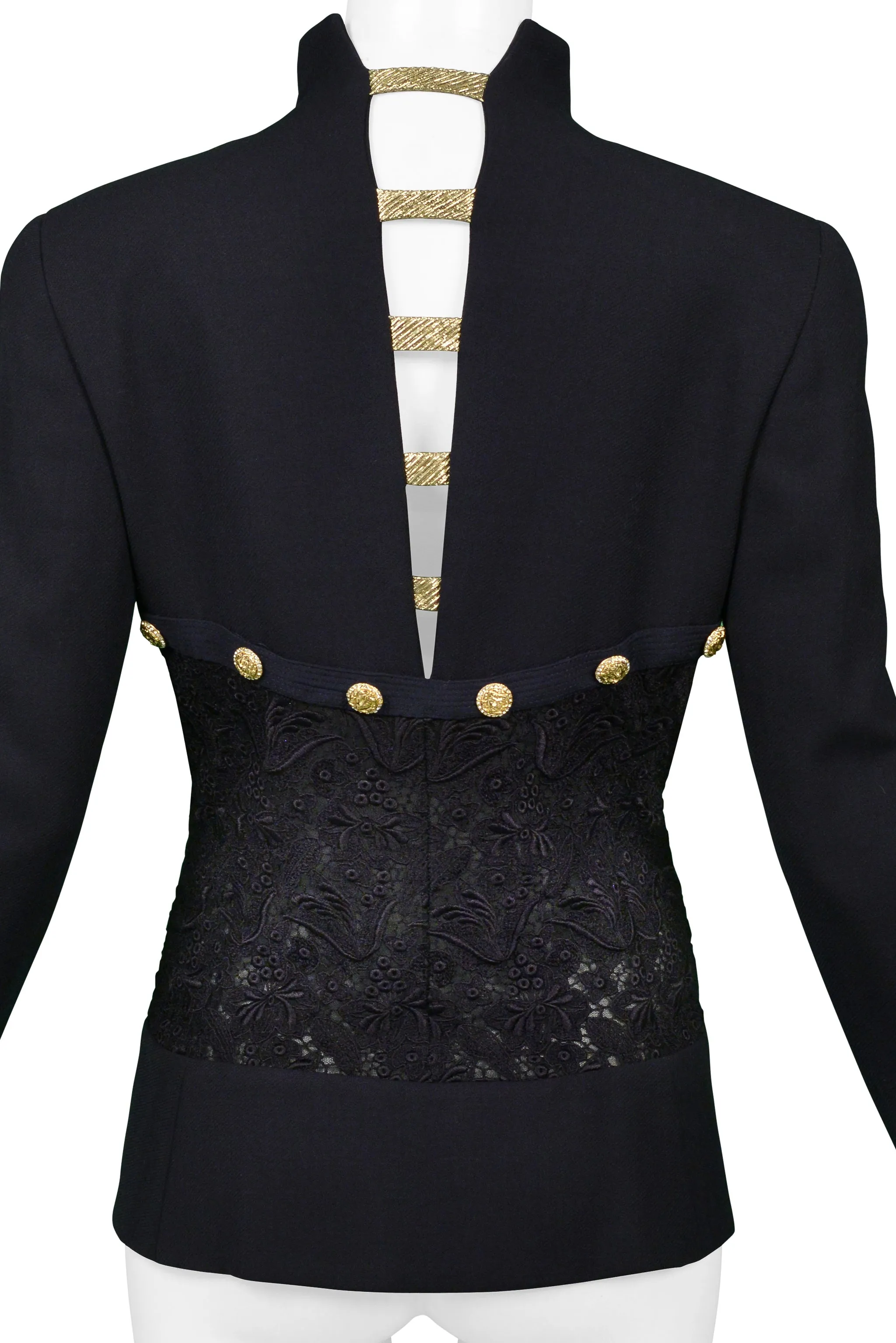 VERSACE  NAVY BLAZER JACKET WITH LACE BACK & GOLD BUTTONS SS 1992