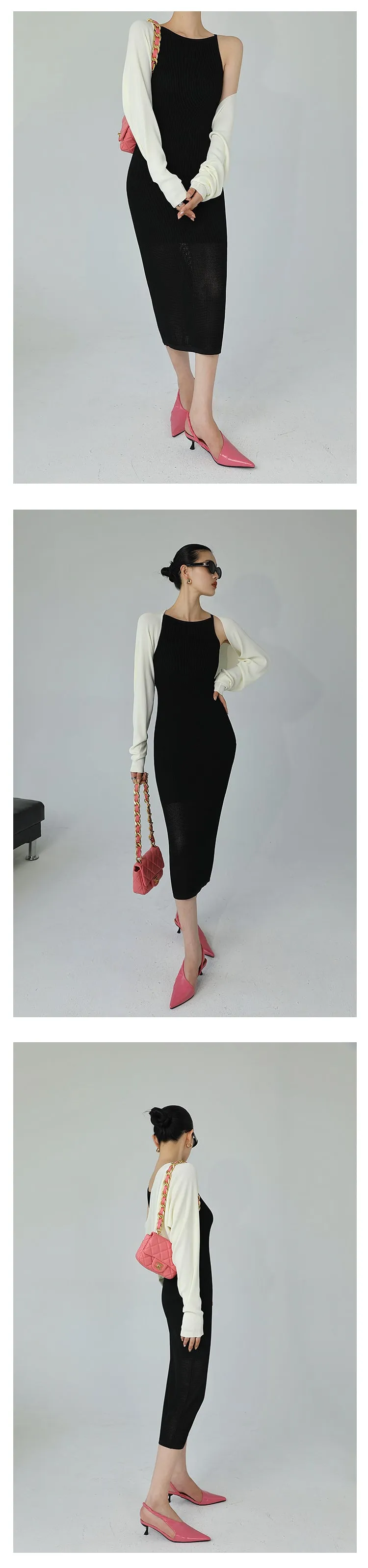 WANXO black one-shoulder suspender dress women's summer new 2022 sexy hollow knitted mid-length skirt