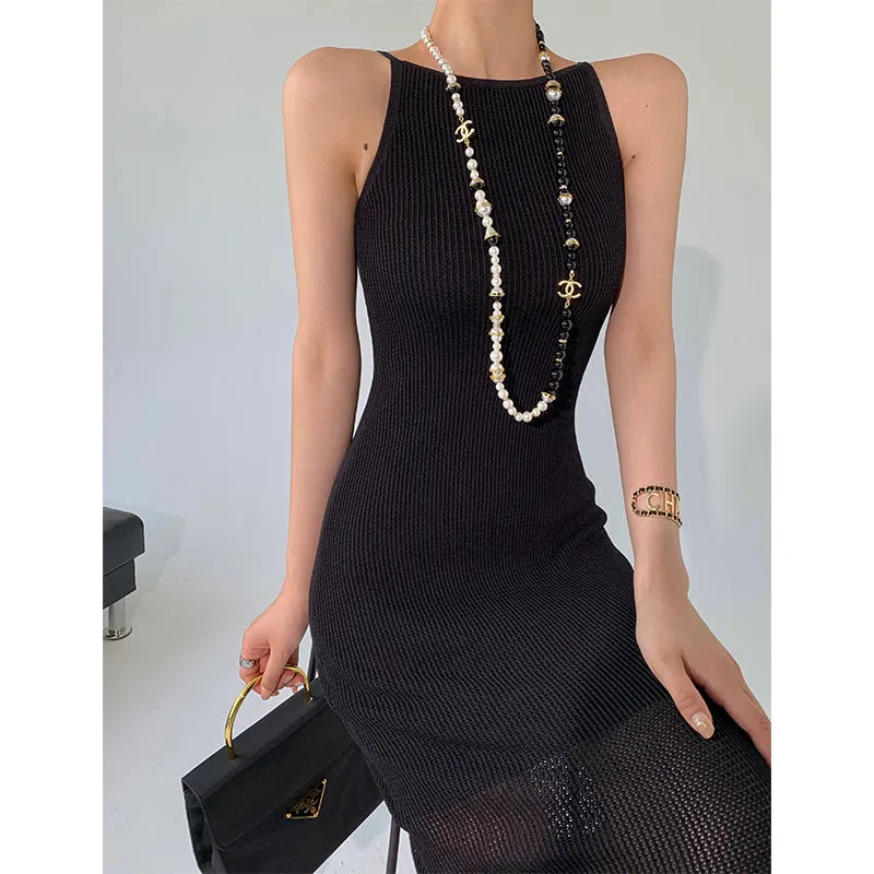 WANXO black one-shoulder suspender dress women's summer new 2022 sexy hollow knitted mid-length skirt