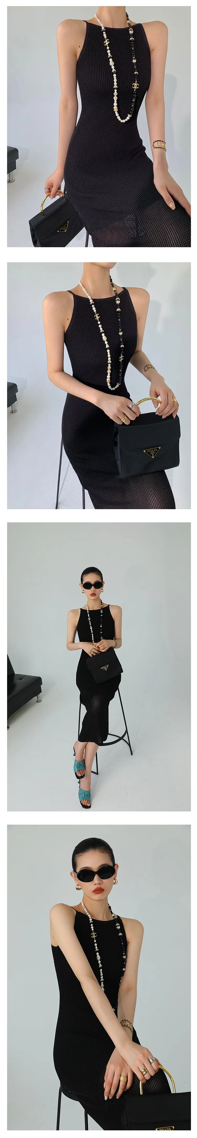 WANXO black one-shoulder suspender dress women's summer new 2022 sexy hollow knitted mid-length skirt