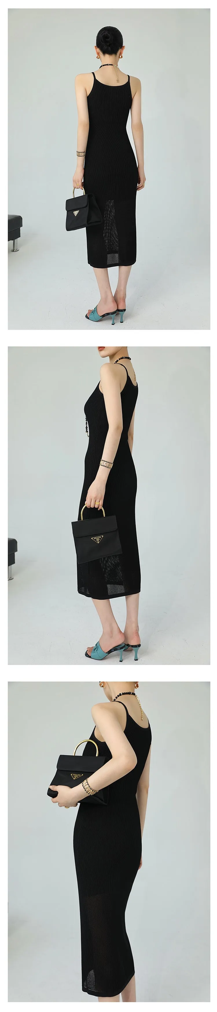 WANXO black one-shoulder suspender dress women's summer new 2022 sexy hollow knitted mid-length skirt