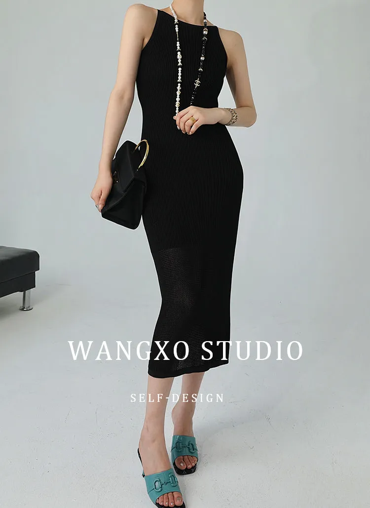 WANXO black one-shoulder suspender dress women's summer new 2022 sexy hollow knitted mid-length skirt