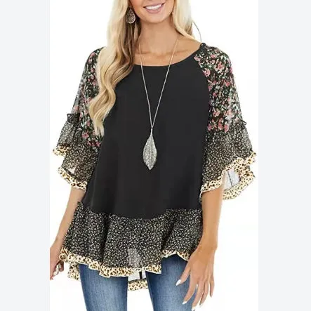 Women Fashion Ruffle Sleeve Floral Patchwork Wholesale Tunic Blouses