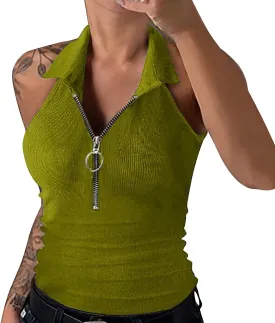 Womens Ribbed Design Casual T-Shirts Lapel Zipper Sleeveless Solid Color Halter Vest T Shirt Tunic Summer Tops Blouses S4429984