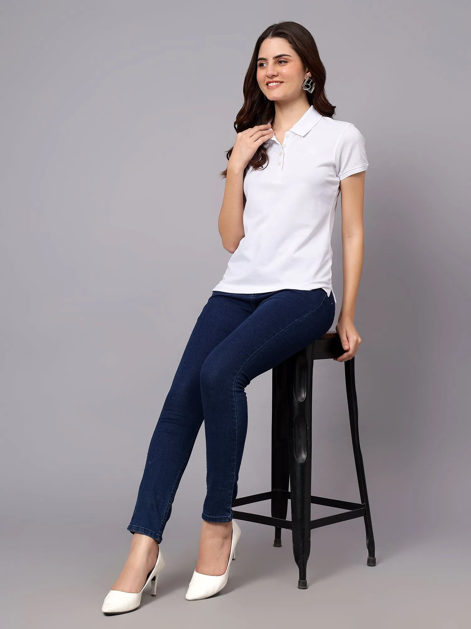 Women's White Solid Polo Neck T-shirt