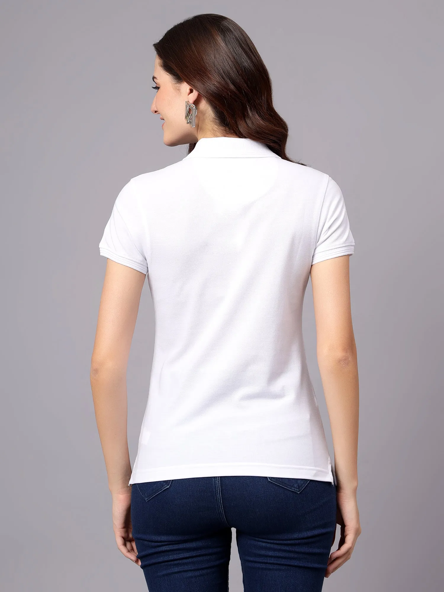 Women's White Solid Polo Neck T-shirt