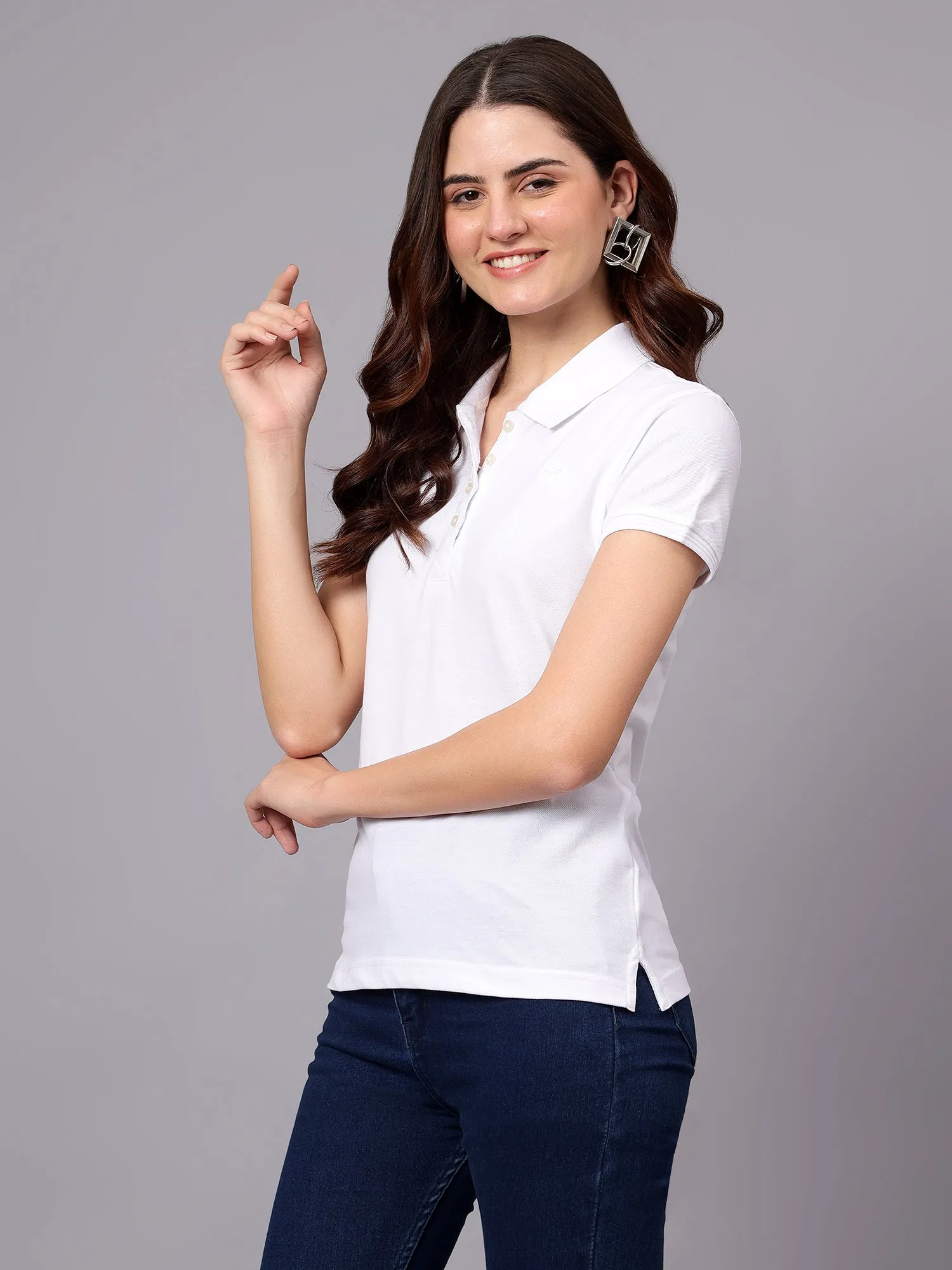 Women's White Solid Polo Neck T-shirt