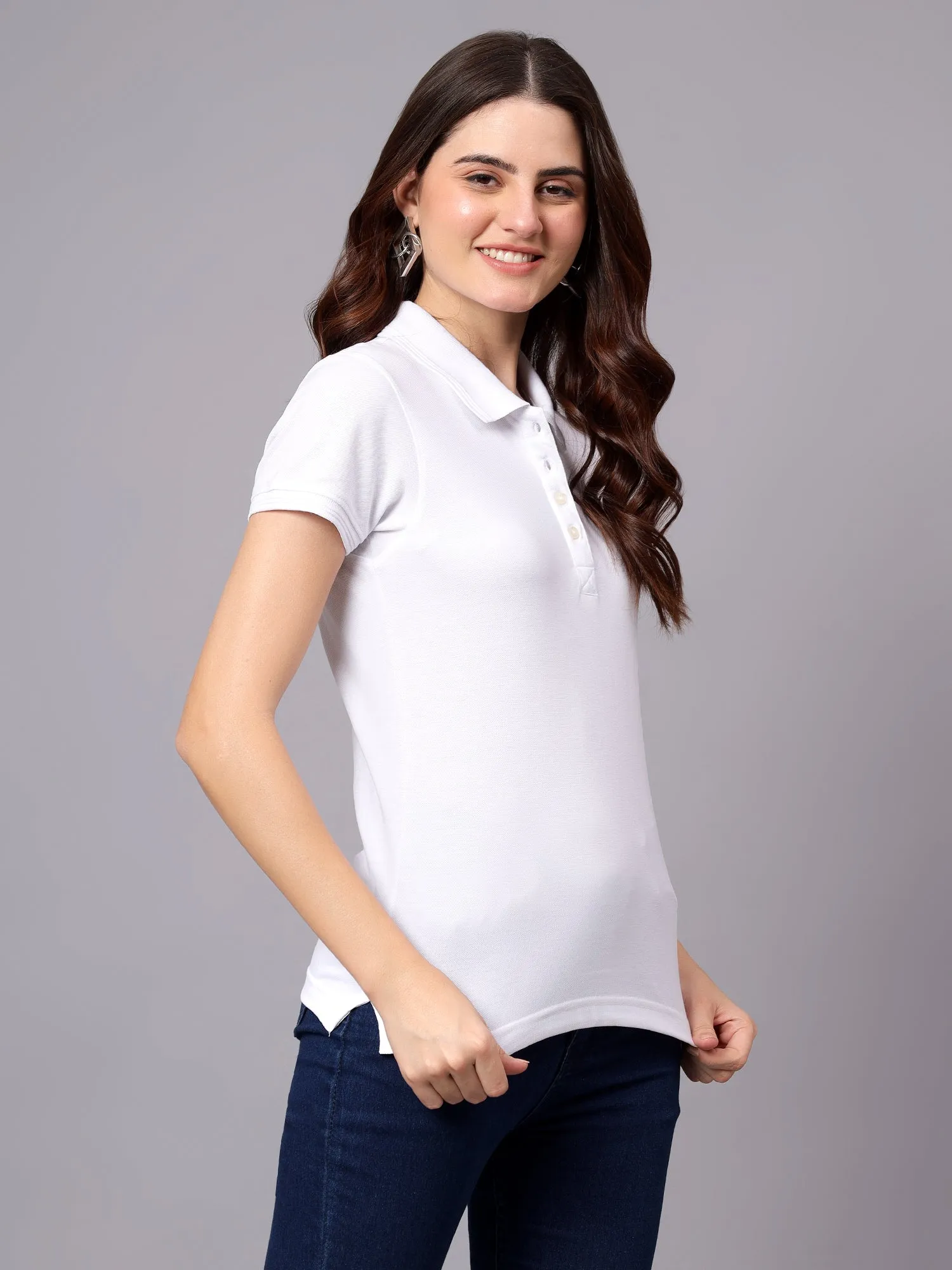 Women's White Solid Polo Neck T-shirt