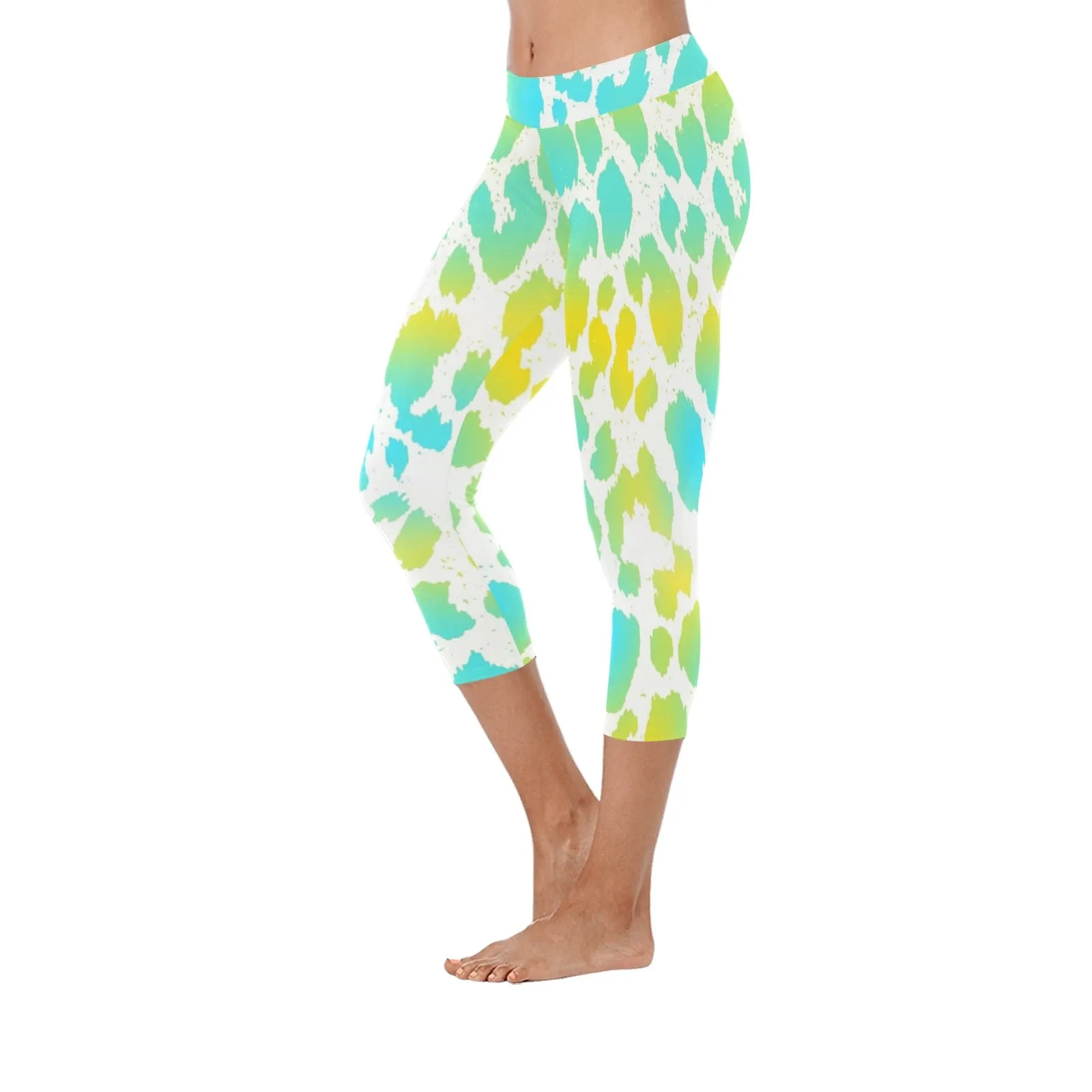 Yellow Aqua Spots Capri Leggings up to 5 XL