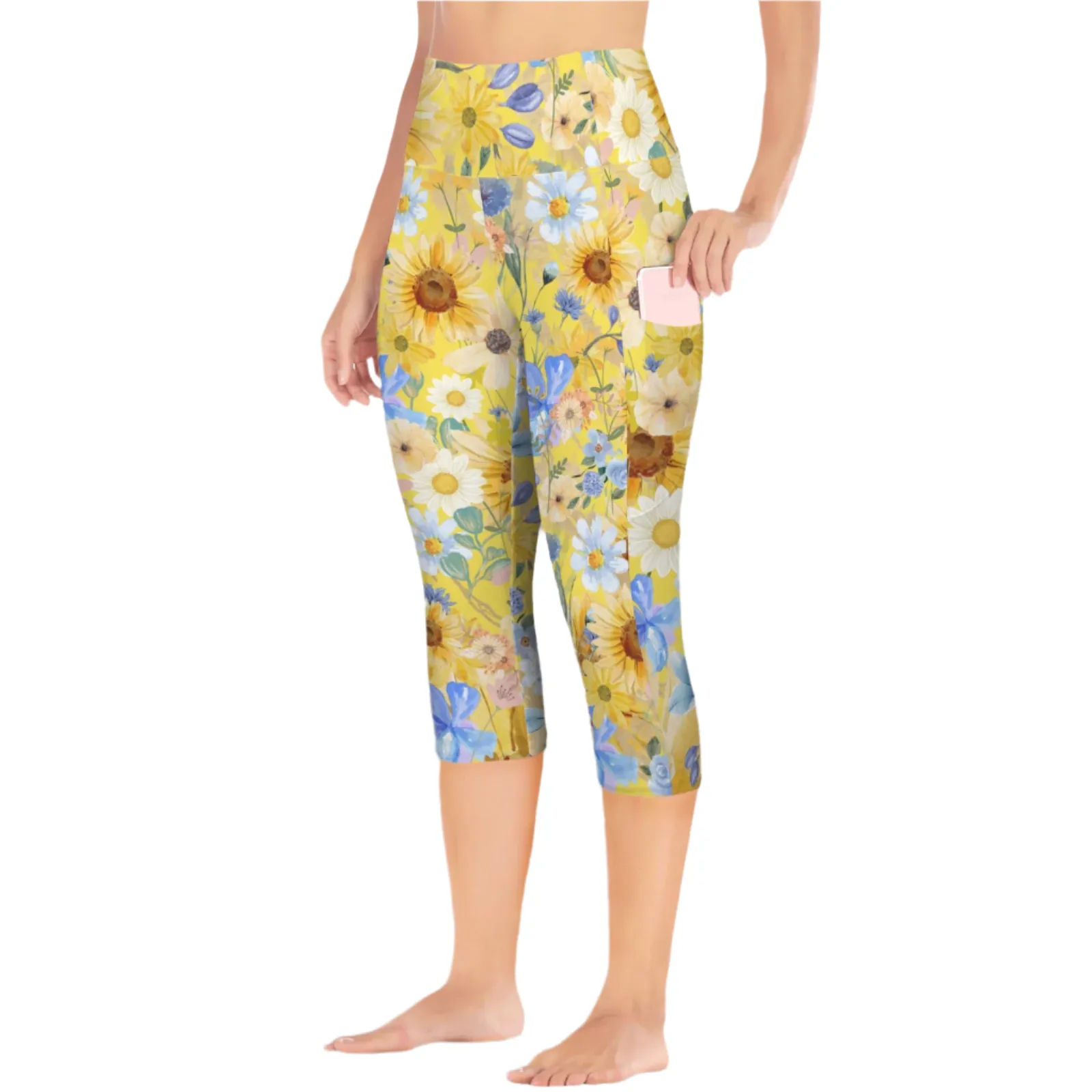 Yellow Floral Art Capri Leggings with Pockets up to 5 XL (FWS)