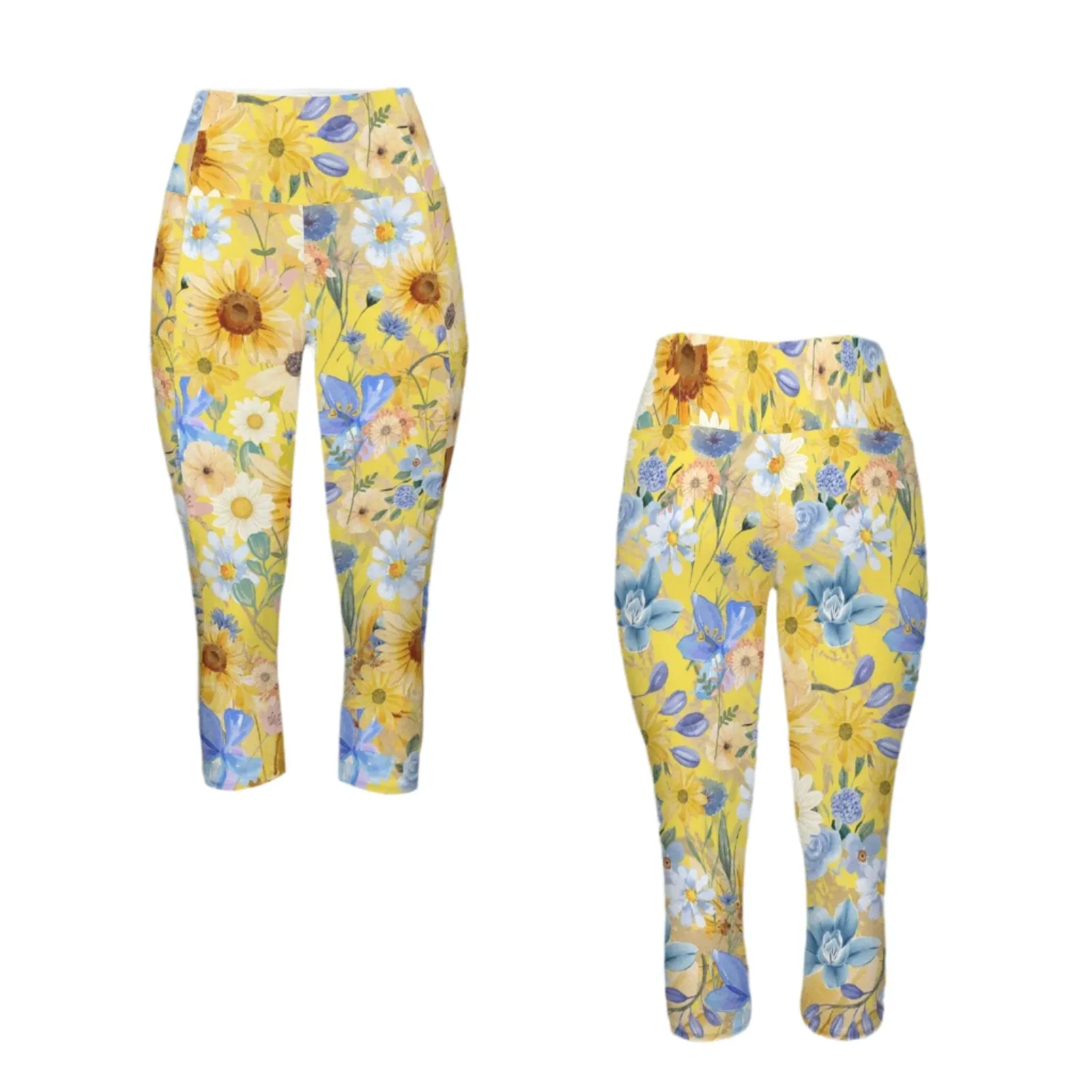 Yellow Floral Art Capri Leggings with Pockets up to 5 XL (FWS)